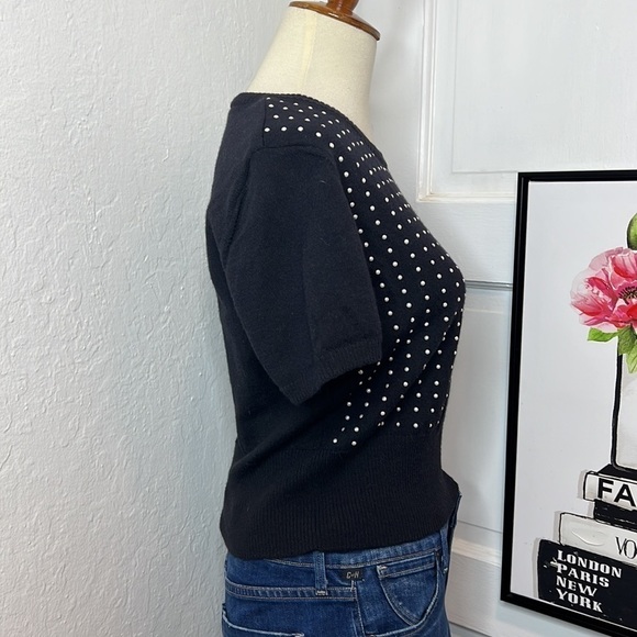 Vintage Escada Black Wool Short Sleeve Sweater with Pearl Studded Accents 36/XS - Picture 3 of 8